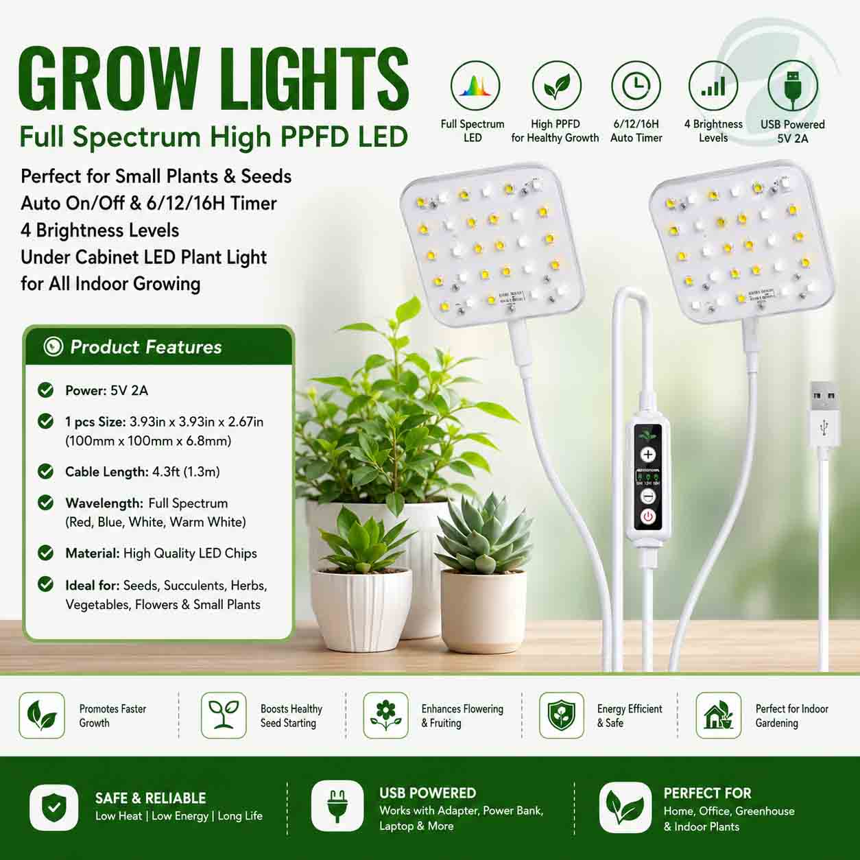 Full Spectrum LED Grow Light for Indoor Plants with Timer & Brightness Control – USB Powered