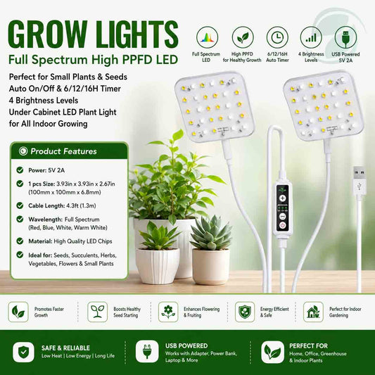 Full Spectrum LED Grow Light for Indoor Plants with Timer & Brightness Control – USB Powered