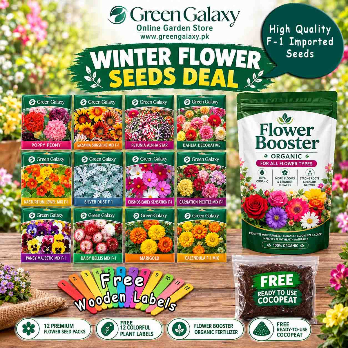 Winter Flower Seeds Deal – F1 Hybrid Imported Seeds + 100% Organic Flower Fertilizer + Free Cocopeat & Wooden Labels